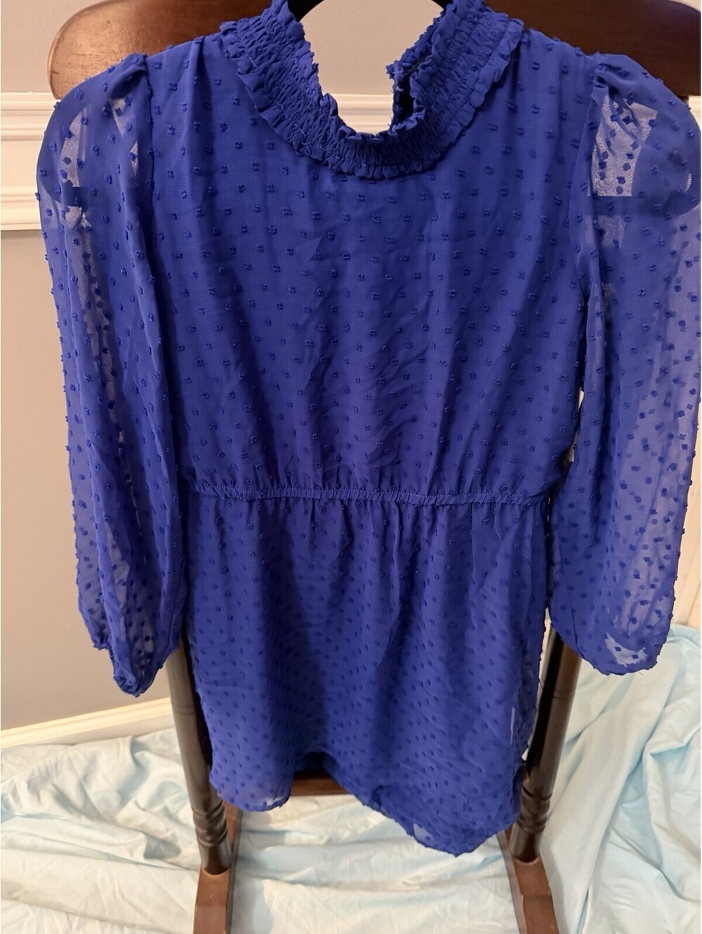 Poppies and Roses Blue Swiss-Dot Long Sleeve Dress High Neckline Elastic Waist